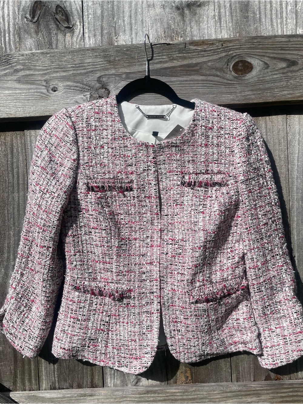 White House Black Market Pink Tweed Collarless Jacket